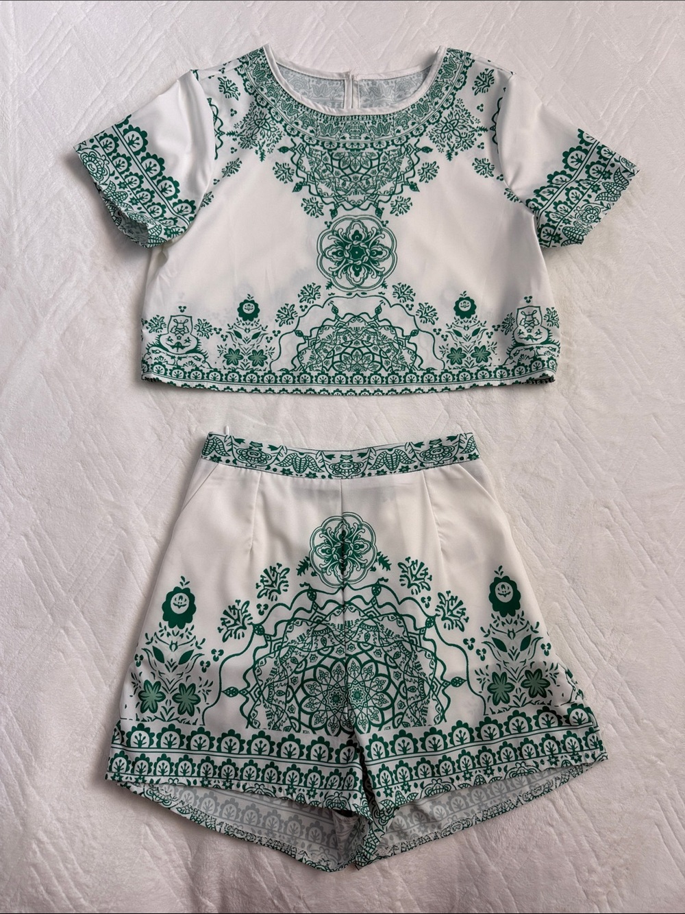 SHEIN White and Green High Waist Shorts Set